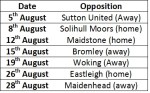 Orient's August Fixtures